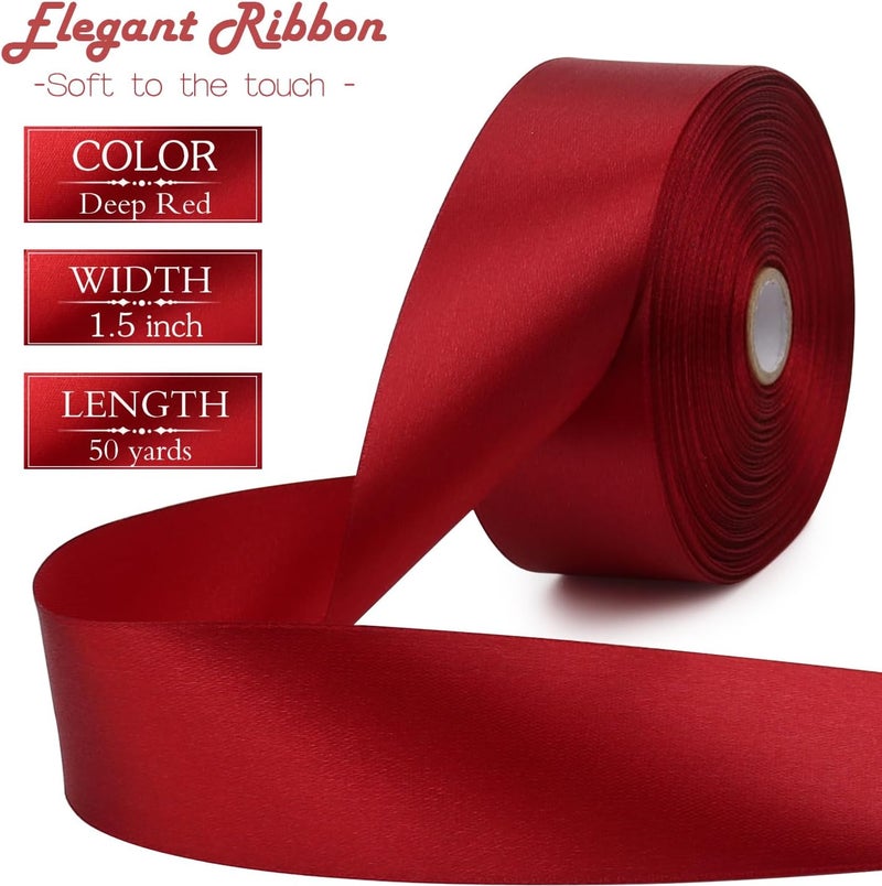 Riunbb Deep red Solid Satin Ribbon 1-1/2 Inch 50 Yards Solid Polyester Fabric Ribbon for Gift Wrapping Wedding Christmas Baby Shower Birthday Party Decoration Handmade Immortal Flower Craft - Image 3